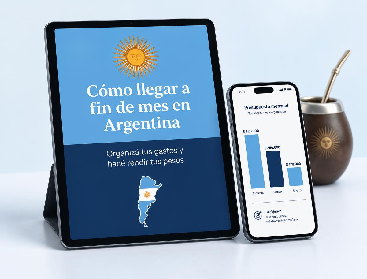 Ebook digital Cómo llegar a fin de mes en Argentina en una tablet, junto a un celular con un presupuesto mensual